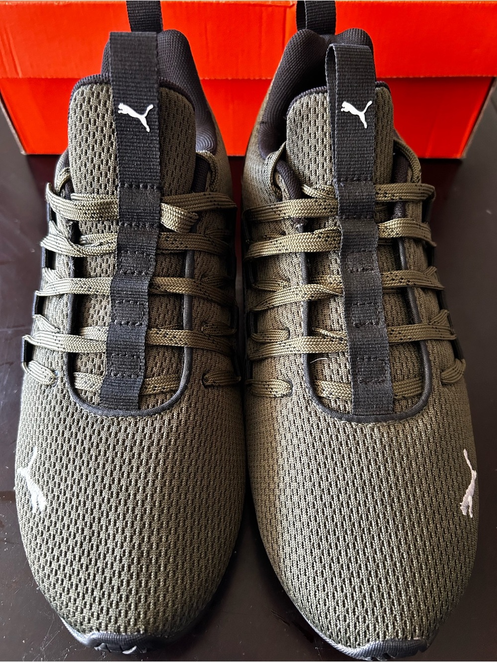 Puma Olive Green Knit Athletic Sneakers with Black Accents